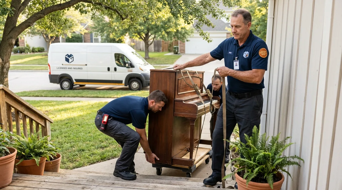 Licensed piano movers securing grand piano in Norris City, IL