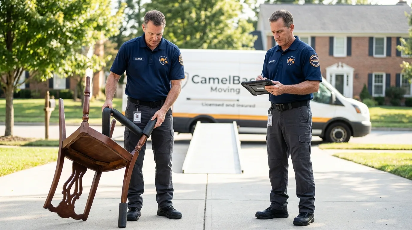 Movers inspecting furniture for damage prevention before loading in Norris City, IL