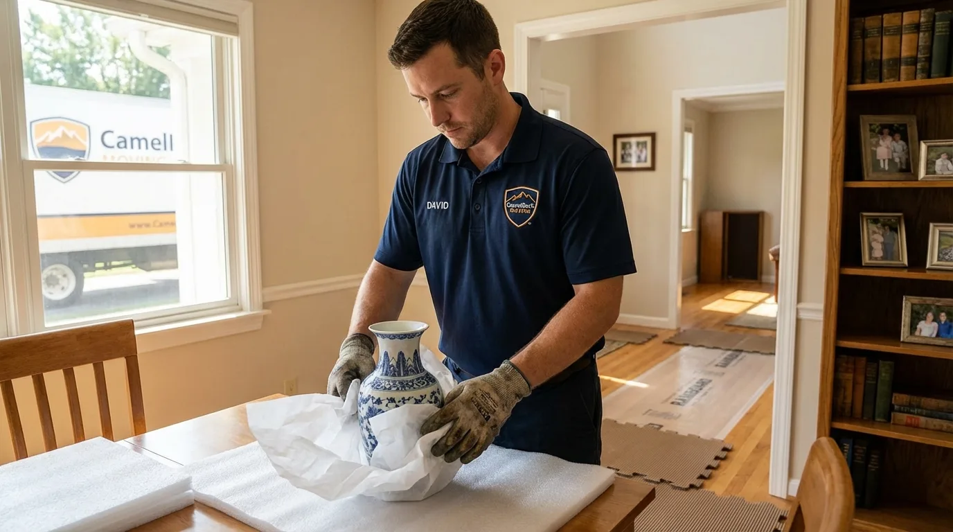 Professional crew carefully wrapping antique vase for senior downsizing move in Norris City, IL